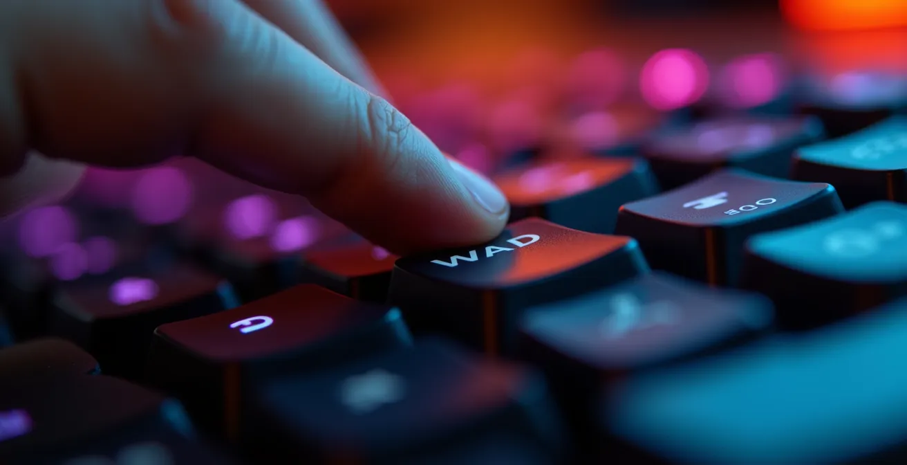 Main de joueur professionnel FPS en gros plan sur touches WASD d'un clavier magnétique, montrant la précision du positionnement